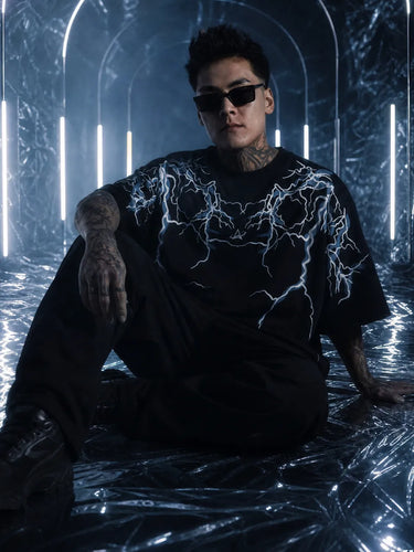 Thunder Lightning Black Oversized T-Shirt