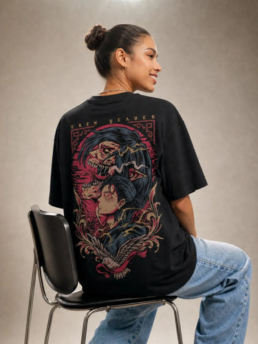 eren yeager oversized t shirt female back sitting on chair pose