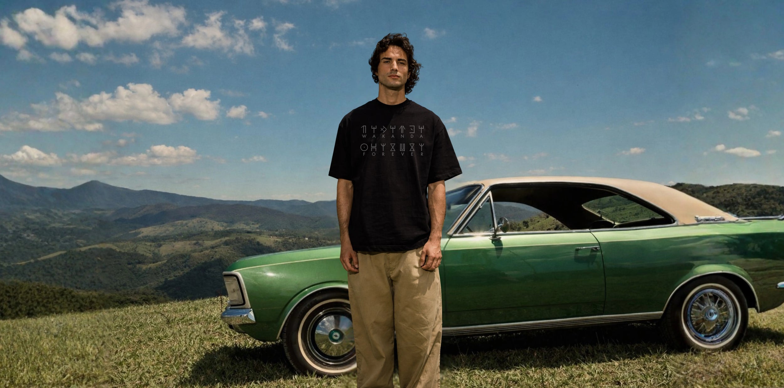 Man standing next to a vintage green car with a scenic background