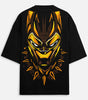 Black t-shirt with a yellow and black panther mask design on a white background
