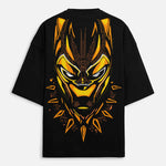 Black t-shirt with a yellow and black panther mask design on a white background