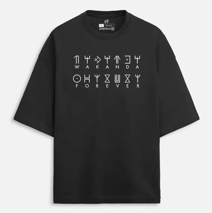 Black t-shirt with 'Wakanda Forever' text design on a white background