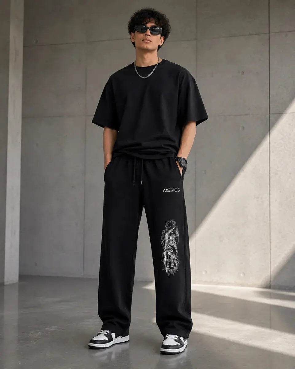 Black Relaxed Fit Sweatpants 260 GSM Terry Cotton Blend Axerios Axerios