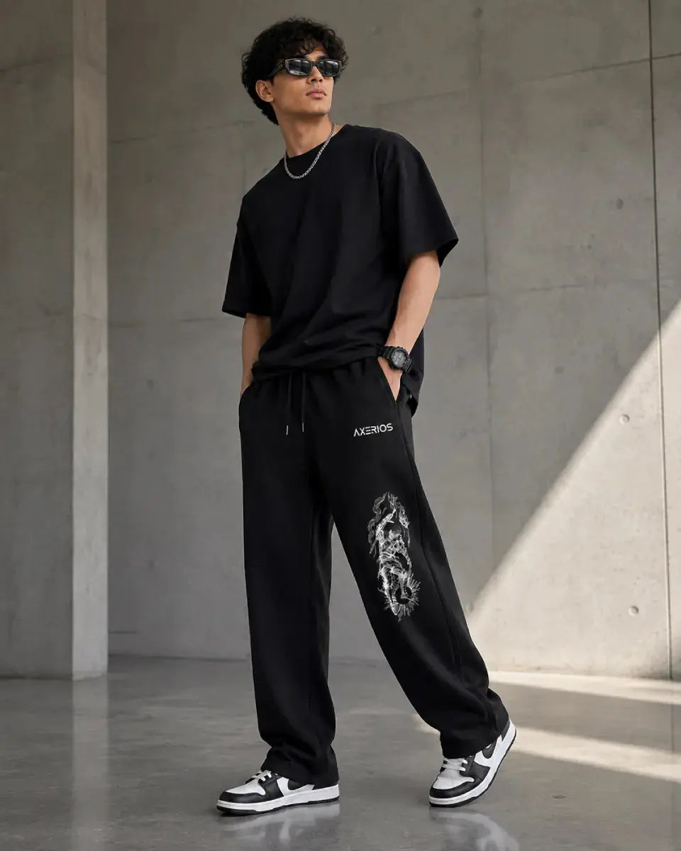 Black Relaxed Fit Sweatpants 260 GSM Terry Cotton Blend Axerios Axerios