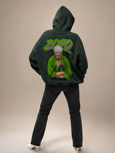 Zoro Acid Wash Green Hoodie For Women