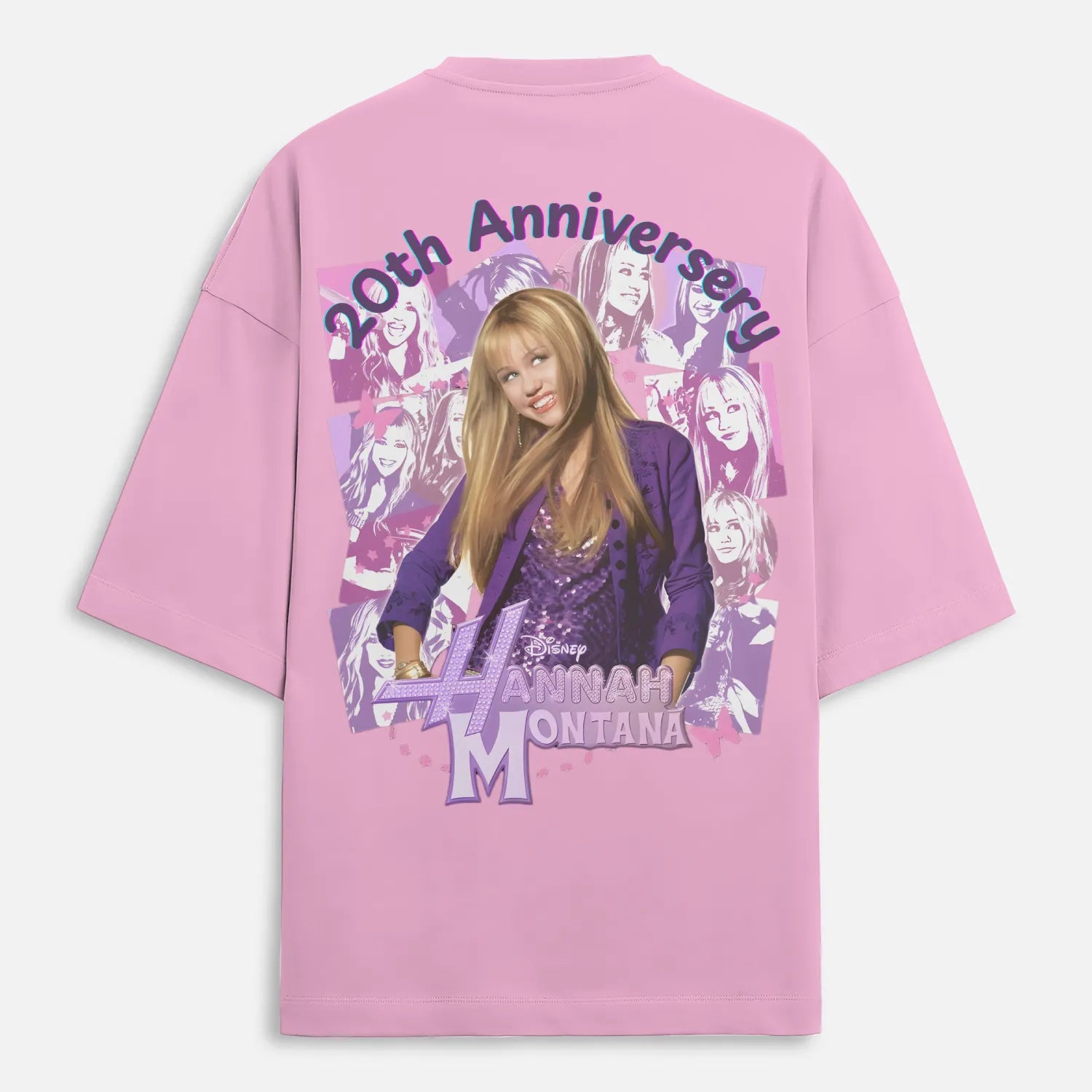 Pink t-shirt with Hannah Montana graphic and '20th Anniversary' on back
