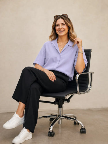 Lavender Shirt For Women sitting on chair front pose