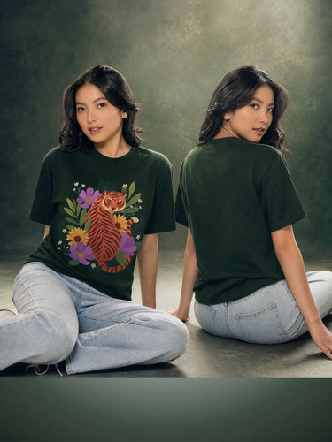 Majestic Tiger Graphic T-Shirt For Women front and back both side sitting pose