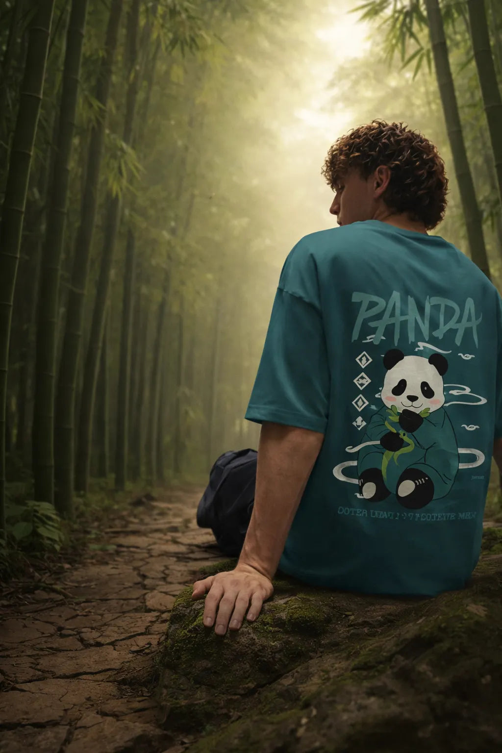 Person wearing a teal t-shirt with a panda design in a forest setting