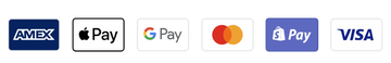 Logos of various payment methods including AMEX, Apple Pay, Google Pay, Mastercard, PayPal, and Visa on a white background.