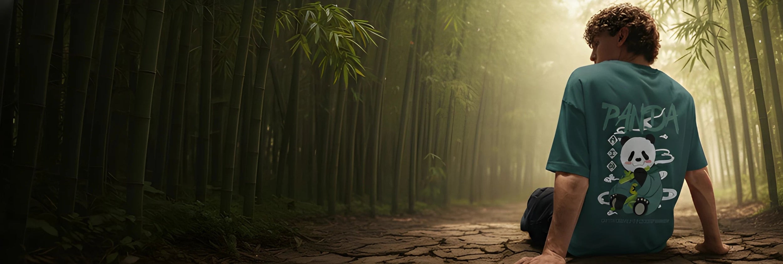 Person sitting in a forest with a t-shirt featuring a panda design.