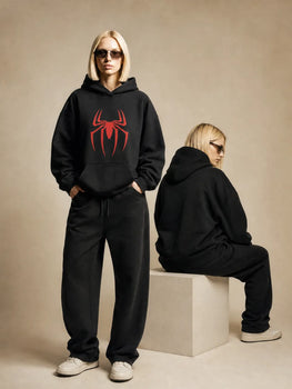 Spiderman hoodie for women front standing and back sitting pose