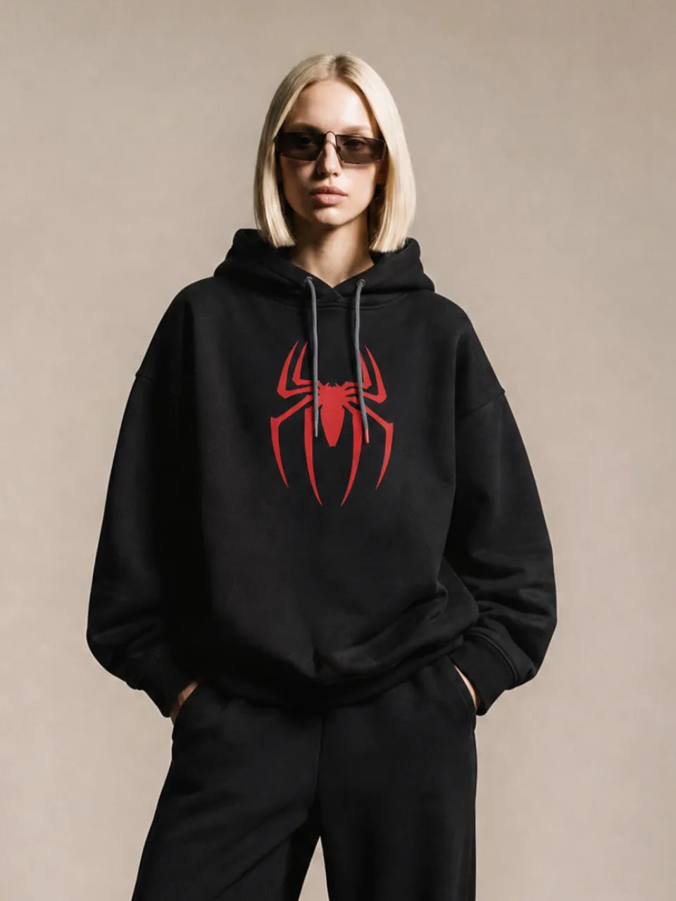 Spiderman hoodie for women front standing close up pose 