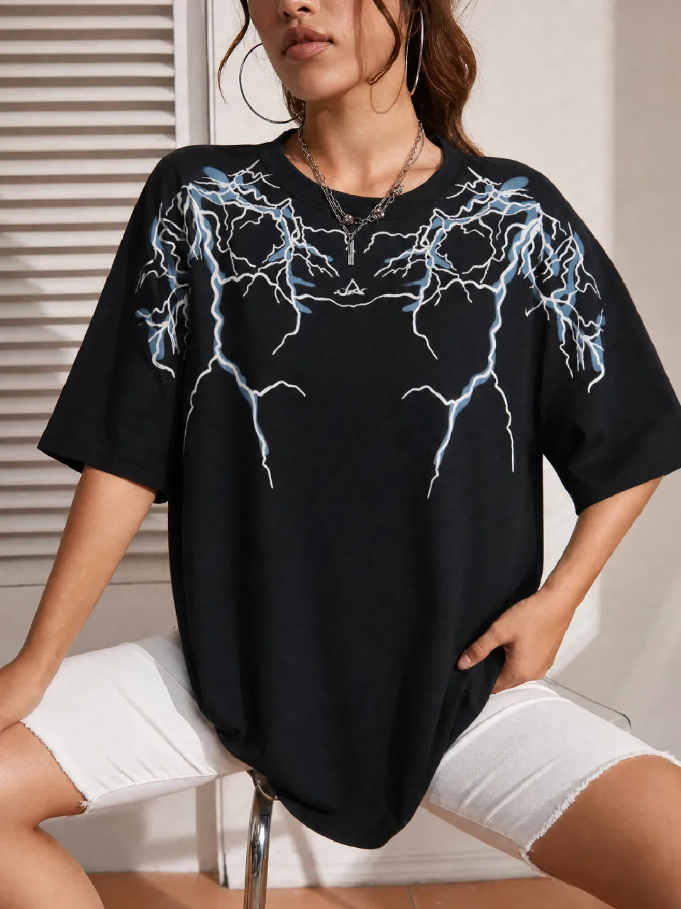 Thunder Lightning Black Oversized T-Shirt For Women