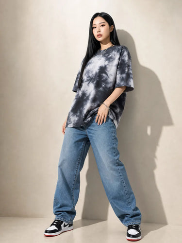 Tie-dye Black and White T-Shirt for Women standng front pose against a plain backround