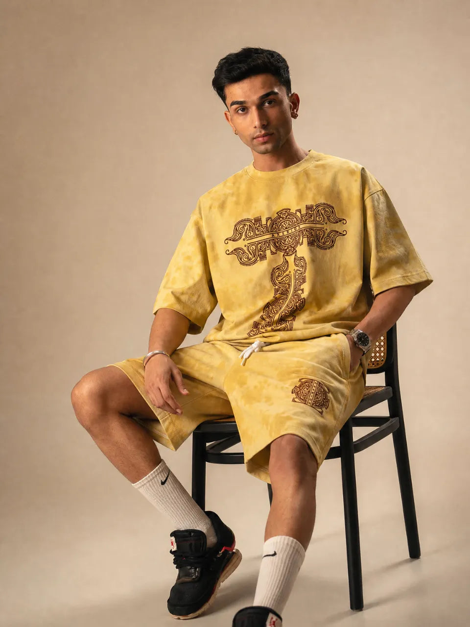 Tie and Dye shorts mens sitting