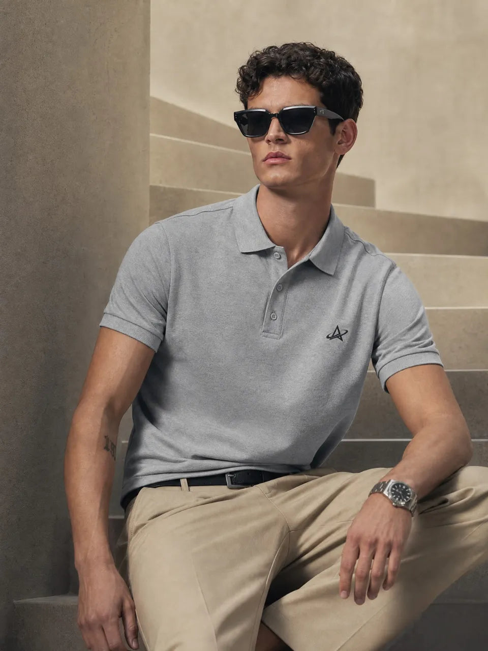 Grey Melange Polo T Shirt.