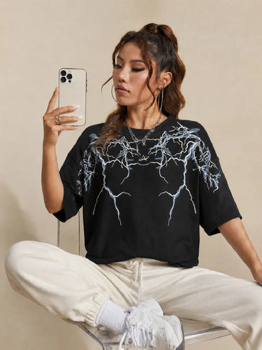 Thunder Lightning Black Oversized T-Shirt For Women