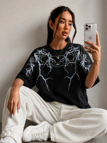 Thunder Lightning Black Oversized T-Shirt For Women
