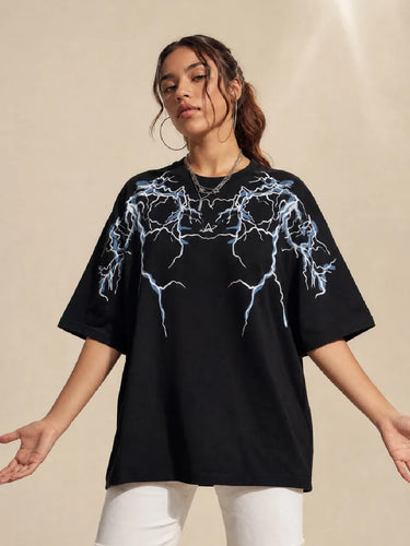 Thunder Lightning Black Oversized T-Shirt For Women