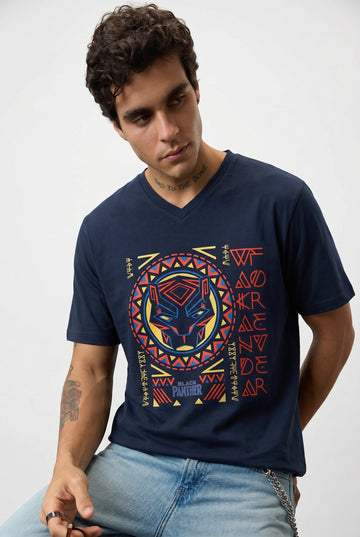 Axerios unisex navy blue 100% cotton V-neck t-shirt with Black Panther graphic print.