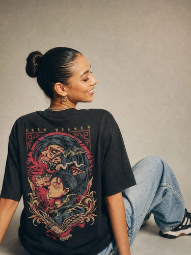 eren yeager oversized t shirt female back sitting pose