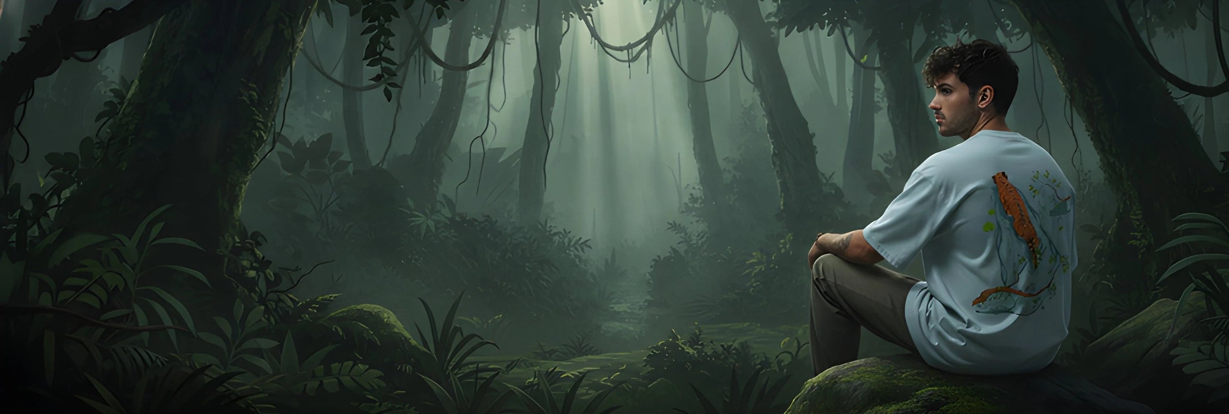 Person sitting in a misty forest with a blue shirt